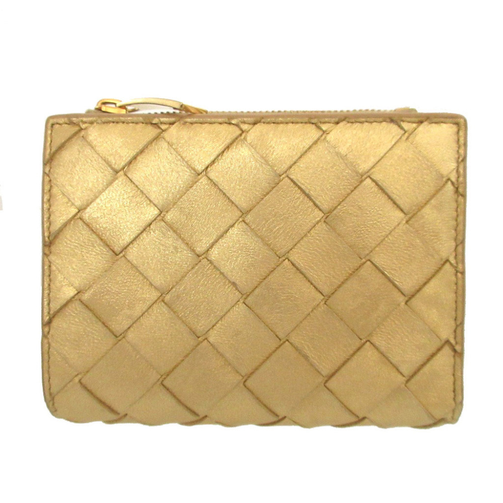 Bottega Veneta Maxi Intrecciato IC Chip Compact Wallet Leather Gold Bi-fold 0...